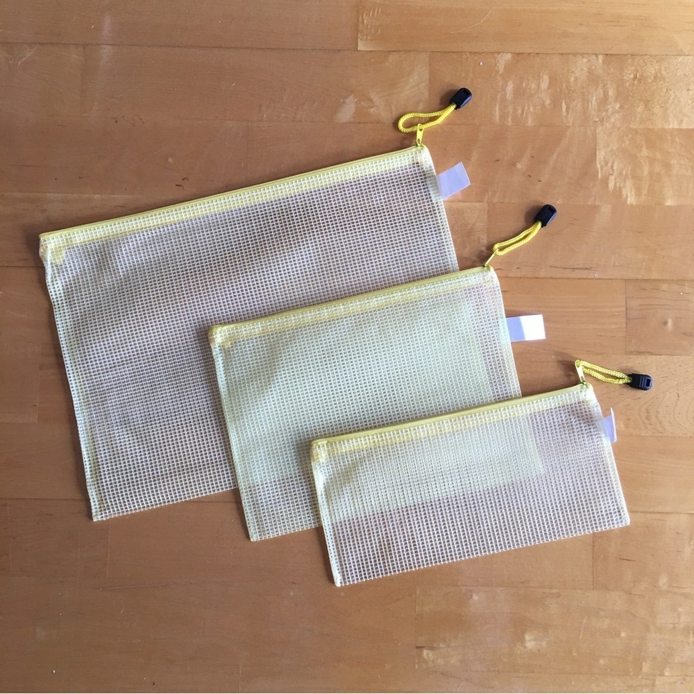 Set/3 Waterproof YELLOW Document Zipper Travel Pouches, File Organizers, Clear